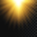 Sunlight on transparent background. Falling solar light. Exploding flash with sunbeam, star burst. Light effect, golden glowing Royalty Free Stock Photo